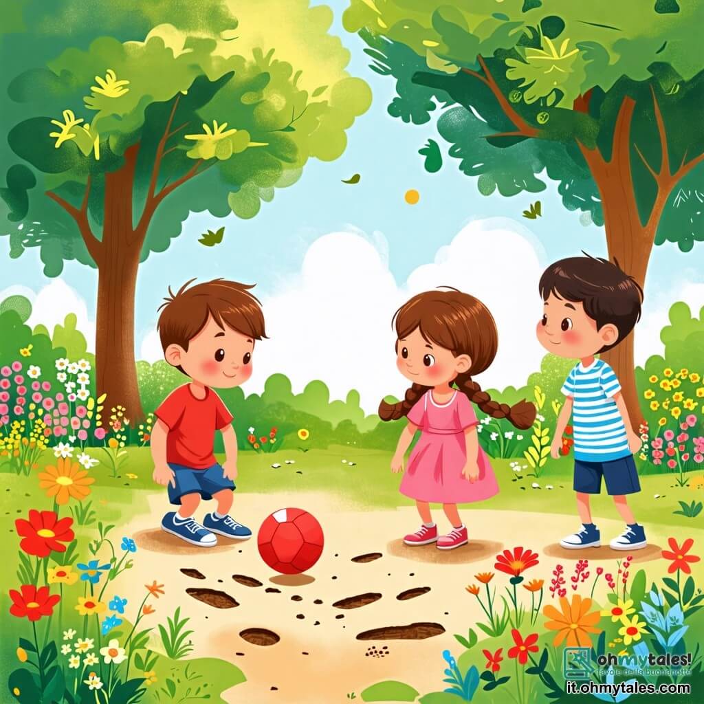 Une illustration sous forme de dessin destinée aux enfants représentant un parc ensoleillé avec des arbres verts et des fleurs colorées, où un garçon de 6 ans aux cheveux bruns et aux yeux pétillants, vêtu d'un t-shirt rouge et d'un short bleu, est accroupi en train d'examiner des empreintes dans le sol, tandis que deux de ses amis, une fille aux cheveux blonds tressés portant une robe rose et un garçon aux cheveux noirs avec un t-shirt à rayures, l'observent avec curiosité, tous trois cherchant la palla rouge disparue dans une ambiance d'aventure et de mystère.