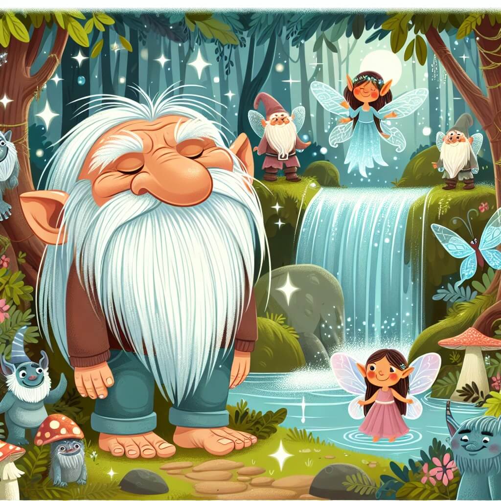 Une illustration destinée aux enfants représentant un troll au visage ridé et à la longue barbe blanche, se tenant devant une cascade étincelante, accompagné d'une fée scintillante, dans une forêt enchantée remplie d'elfes, de gnomes et de créatures magiques.