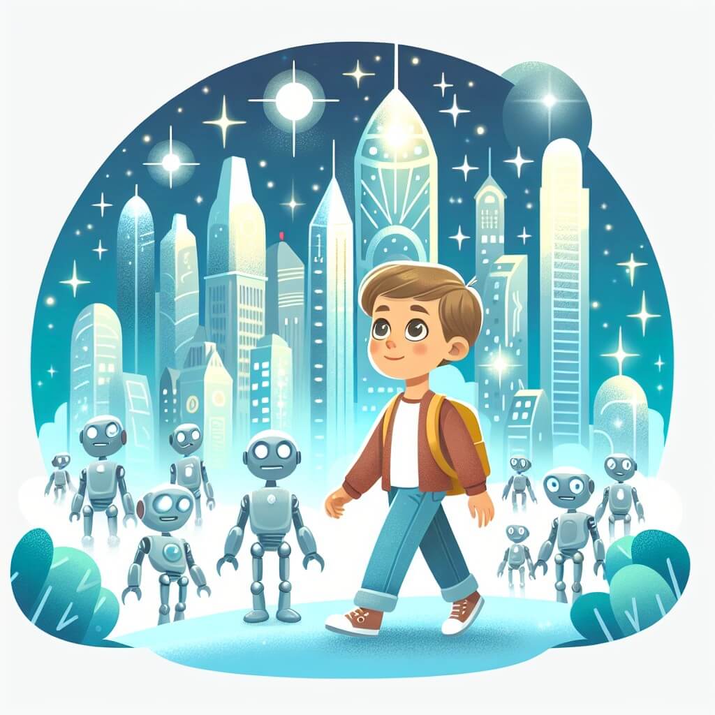 Une illustration destinée aux enfants représentant un jeune garçon curieux et vif, explorant une ville futuriste étincelante remplie de robots bienveillants, située dans un monde où les bâtiments scintillent comme des étoiles et le soleil brille toujours, même la nuit.