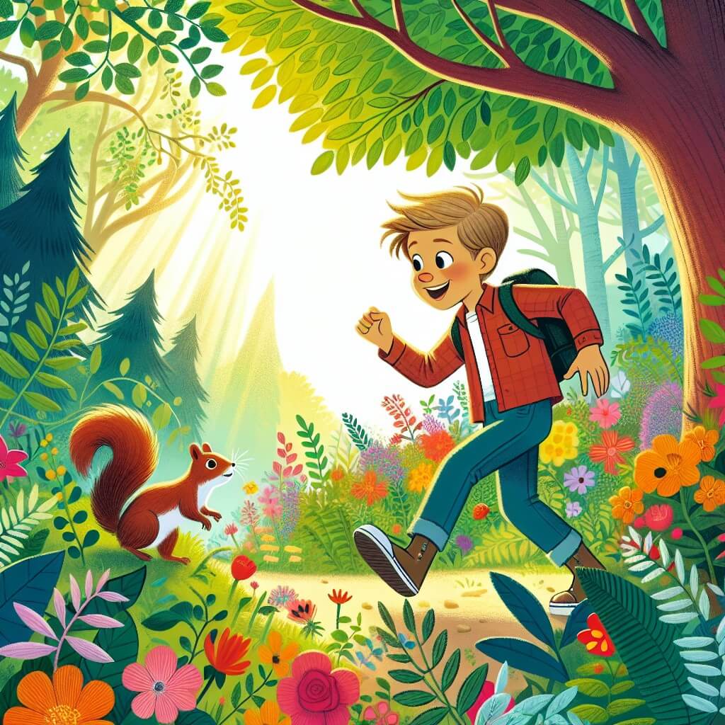 Une illustration destinée aux enfants représentant un jeune garçon curieux et plein d'énergie, découvrant les conséquences du changement climatique, accompagné d'un petit écureuil, dans un jardin luxuriant rempli de fleurs multicolores et d'arbres majestueux, où les rayons du soleil filtrent à travers les feuilles.