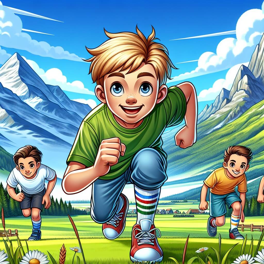 Une illustration destinée aux enfants représentant un garçon plein d'énergie, prêt à affronter une course de vitesse avec détermination, accompagné de ses amis, dans une magnifique prairie verdoyante entourée de montagnes majestueuses et d'un ciel bleu éclatant.