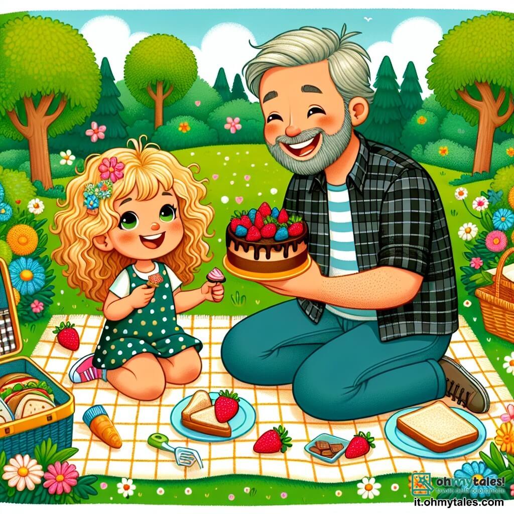 Une illustration sous forme de dessin destinée aux enfants représentant un parc verdoyant parsemé de fleurs colorées, où une petite fille de 3 ans aux cheveux bouclés et blonds, souriante, est assise sur une couverture à carreaux, entourée de son père, un homme joyeux avec une barbe légère, qui prépare un pique-nique avec des sandwiches et des fraises, tandis qu'ils s'apprêtent à déguster un délicieux gâteau au chocolat, symbolisant leur moment spécial de fête des pères.