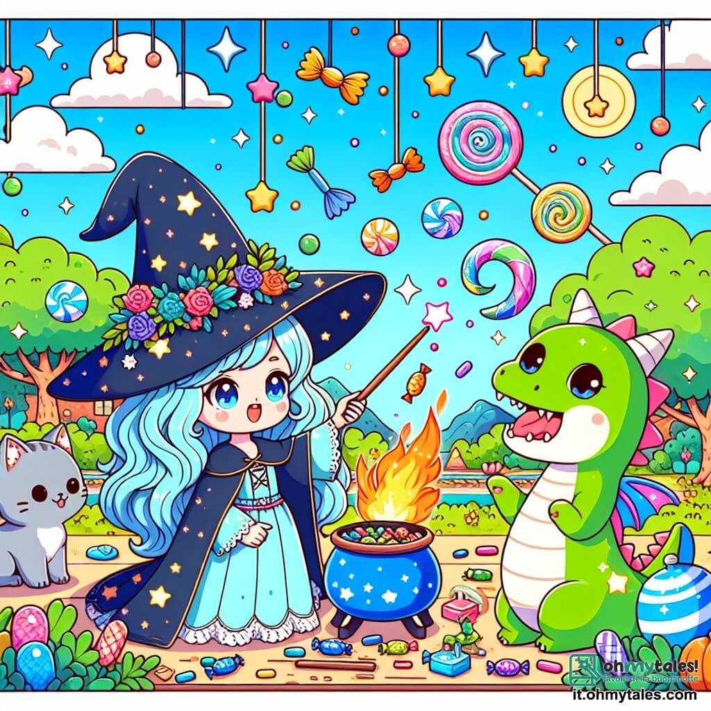 Une illustration sous forme de dessin destinée aux enfants représentant une scène colorée dans le jardin enchanteur de la "Scuola delle Meraviglie", où une jeune sorcière aux longs cheveux bleus et portant un chapeau à pointes orné d'étoiles, s'apprête à lancer un sort pour faire pleuvoir des caramelles, entourée de son meilleur ami, un petit dragon vert aux ailes brillantes qui souffle des flammes pour mélanger les ingrédients, et de leur amie, une gatte grise aux yeux pétillants qui regarde avec impatience, le tout sous un ciel lumineux rempli de douceurs tombantes et de rires d'enfants émerveillés.
