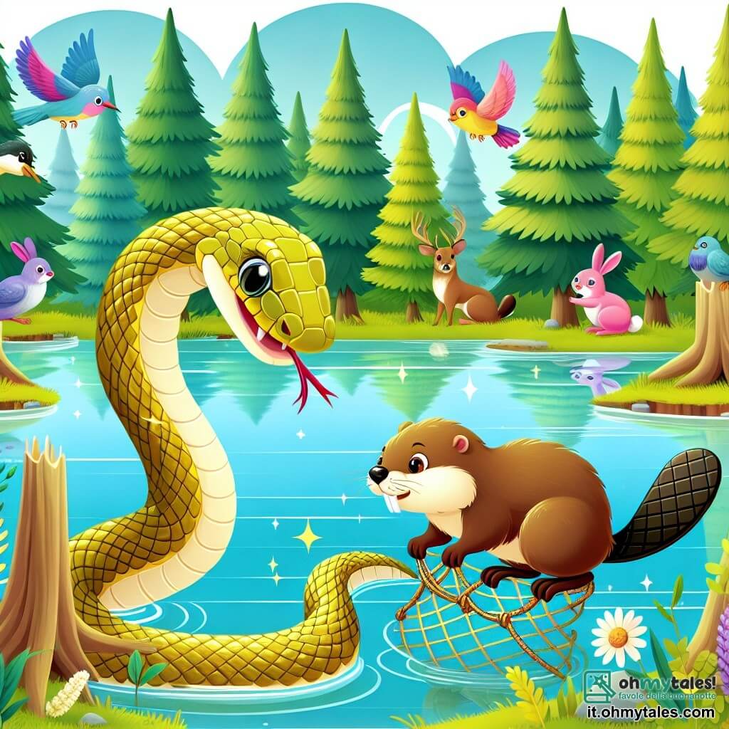 Une illustration destinée aux enfants représentant un serpent doré aux écailles scintillantes, qui aide un jeune castor prisonnier d'une piège, avec en arrière-plan un lac cristallin entouré de hauts arbres verdoyants, habités par des oiseaux colorés et des lapins sautillants.