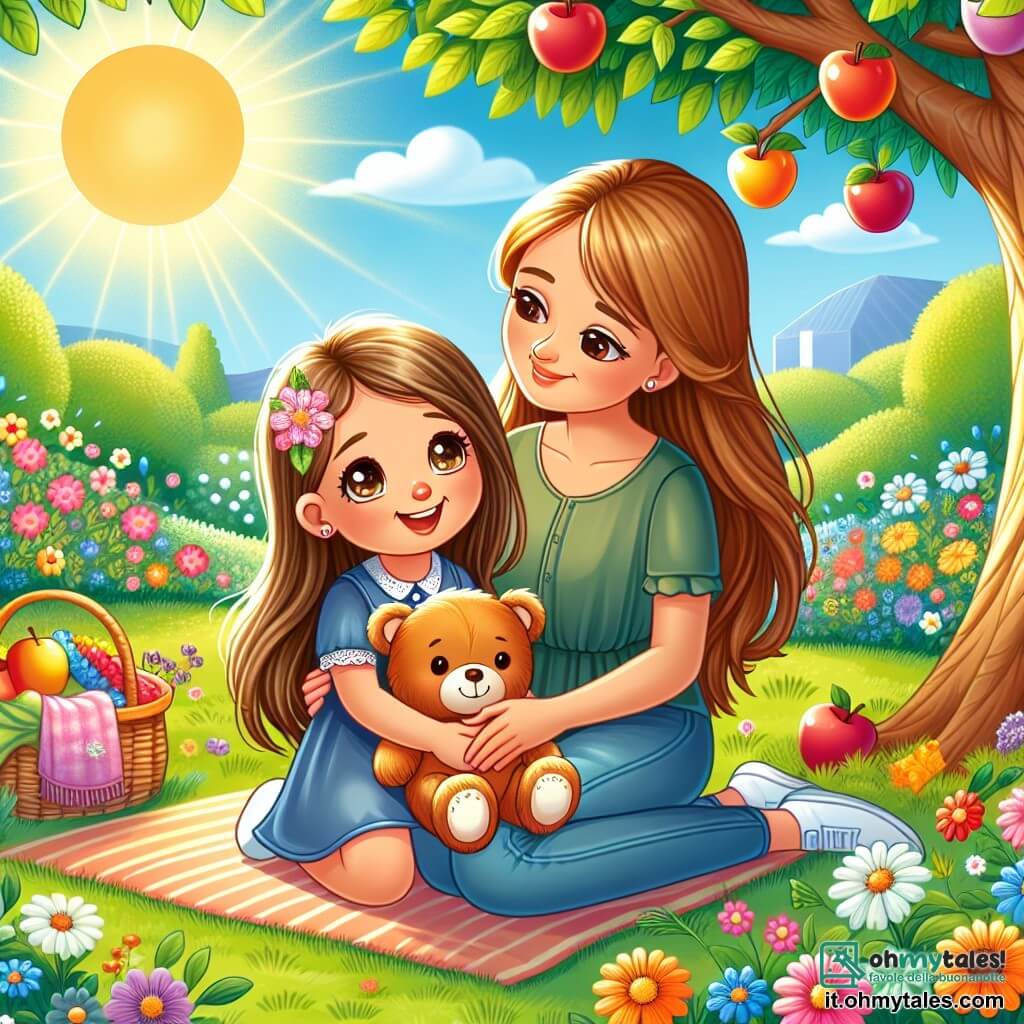 Une illustration sous forme de dessin destinée aux enfants représentant un jardin ensoleillé rempli de fleurs colorées et d'un grand arbre à pommes, où une petite fille de 3 ans aux longs cheveux bruns et aux yeux pétillants, assise sur l'herbe, sourit en tenant un ours en peluche, tandis qu'à côté d'elle, sa maman, une femme douce avec des cheveux châtains, l'observe avec tendresse, partageant un pique-nique joyeux, illustrant un moment de bonheur et de soutien familial malgré les défis de la maladie.
