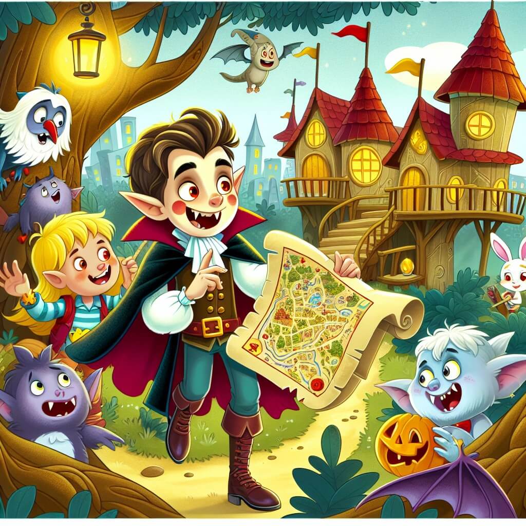 Une illustration destinée aux enfants représentant un vampire espiègle, entouré de ses amis, qui découvre une mystérieuse carte au trésor dans une somptueuse maison-arbre au cœur de Villa Vampiri, un village enchanté rempli de créatures rigolotes.