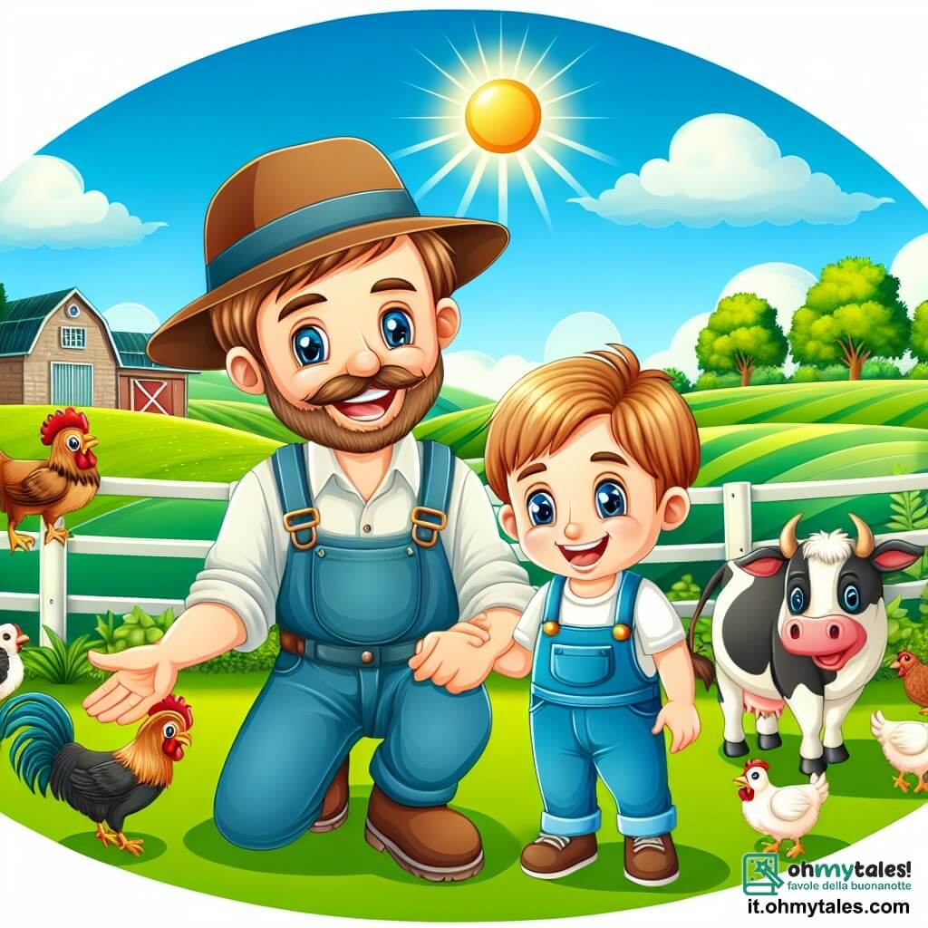 Une illustration destinée aux enfants représentant un homme joyeux et travailleur dans une ferme entourée de champs verdoyants, accompagné d'un garçon curieux et enthousiaste, avec des animaux de la ferme comme des poules, des vaches et des cochons, dans un cadre pittoresque avec un grand soleil brillant et un ciel bleu azur.