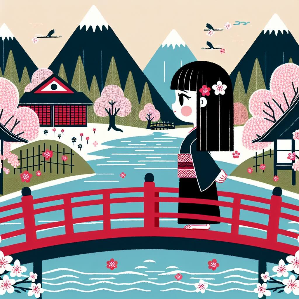 Une illustration destinée aux enfants représentant une femme aux cheveux noirs comme l'encre de la nuit, se tenant seule sur un pont en bois rouge au-dessus d'une rivière scintillante, entourée de montagnes majestueuses et de cerisiers en fleurs, dans un village traditionnel japonais.