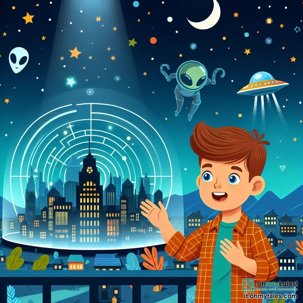 Une illustration destinée aux enfants représentant un garçon passionné d'astronomie faisant la rencontre d'extraterrestres sur un balcon surplombant une ville illuminée par la lueur des étoiles.