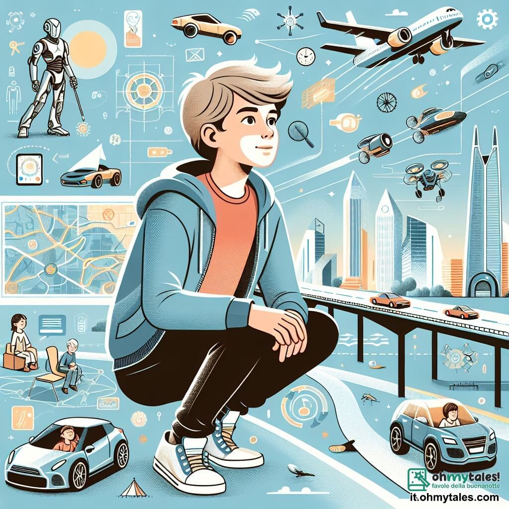 Une illustration destinée aux enfants représentant un jeune homme passionné d'exploration spatiale, se trouvant dans un monde futuriste rempli de gratte-ciel volants, de voitures volantes et de routes suspendues dans le ciel, avec des robots domestiques et des vêtements changeant de forme et de couleur selon les émotions, et qui se prépare à partir en mission de sauvetage dans l'espace.