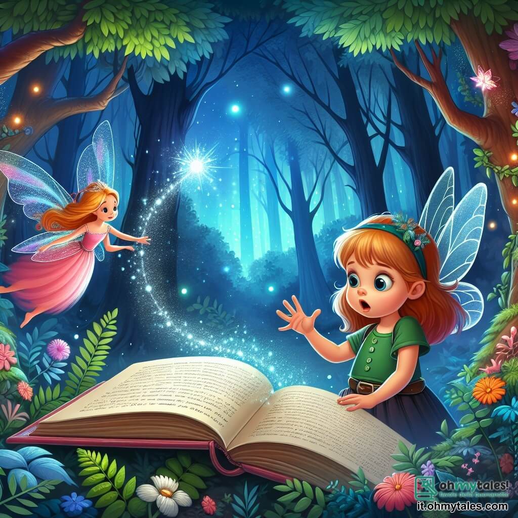Une illustration destinée aux enfants représentant une jeune fille intrépide découvrant un mystérieux livre magique dans un bois enchanté, accompagnée d'une fée lumineuse, dans un royaume féerique aux couleurs vives et aux mélodies enchanteresses.