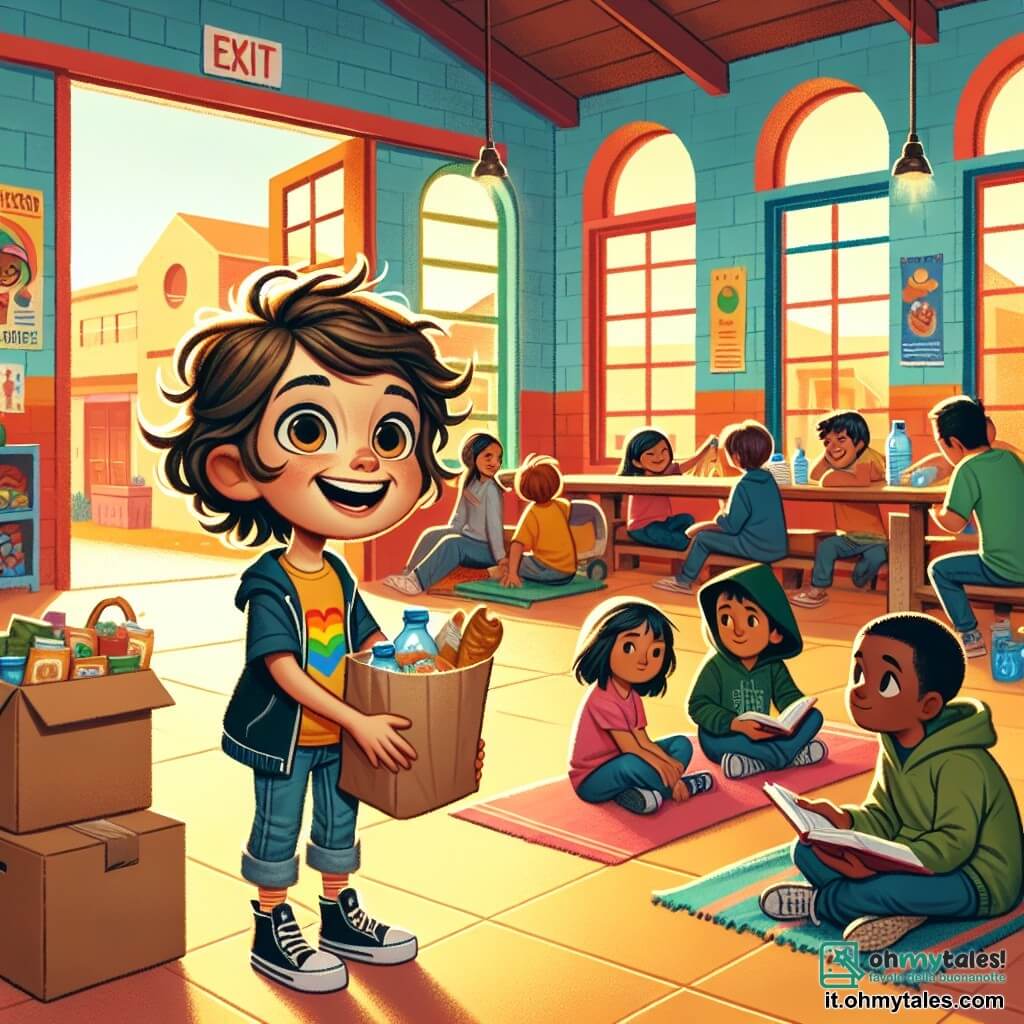 Illustrazione che rappresenta un centro comunitario caldo e accogliente, con muri dipinti di colori vivaci e finestre aperte che lasciano entrare la luce del sole. All'interno, ci sono tavoli disposti con sacchetti di cibo e giocattoli per i bambini. In primo piano, una ragazza di 11 anni, con capelli ricci castani e occhi scintillanti, sorride gioiosamente mentre distribuisce sacchetti di cibo. Indossa una maglietta colorata e jeans, e il suo viso irradia benevolenza ed entusiasmo. Accanto a lei, un ragazzo di 11 anni, con capelli neri e occhi scuri, osserva con un sorriso timido. Ha un look informale con una felpa e jeans. Tiene un libro in mano, pronto a raccontare una storia ai più piccoli. La scena mostra bambini seduti su tappeti, che ascoltano attentamente il ragazzo che inizia a leggere, mentre altri volontari si affaccendano a preparare pasti. Poster colorati decorano le pareti, promuovendo solidarietà e aiuto reciproco. L'atmosfera è gioiosa e piena di speranza, illustrando lo spirito di comunità e condivisione.