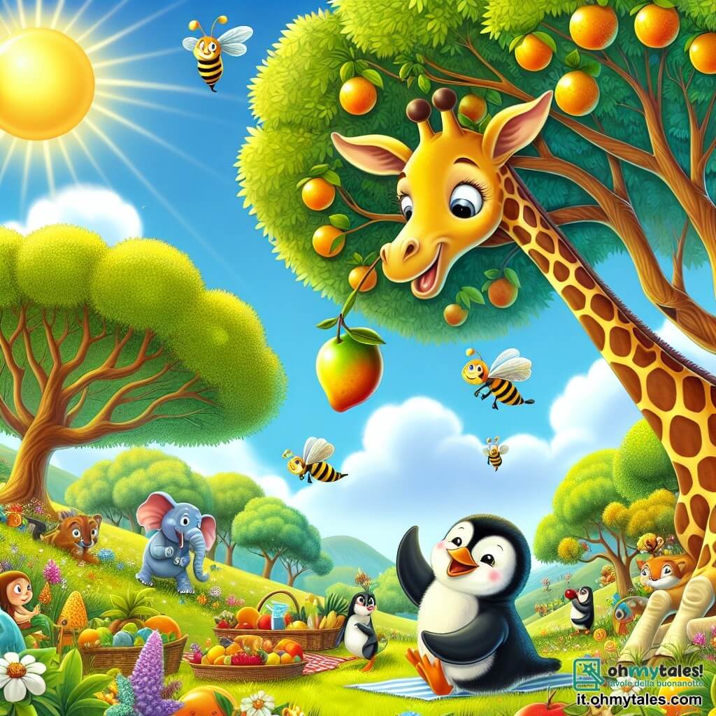 Illustrazione che rappresenta una scena gioiosa in una radura soleggiata del parco, circondata da alberi maestosi con foglie verdi brillanti e fiori colorati che danzano al vento. Al centro, una giraffa dal collo lungo, con macchie dorate e marroni, si piega allegramente per prendere un mango succoso appeso a un ramo, i suoi grandi occhi brillano di malizia. Accanto a lei, un piccolo pinguino dalle piume nere e bianche, con un'aria birichina, fa delle piroette sul terreno, cercando di afferrare un mango caduto. Sullo sfondo, un elefante dalle grandi orecchie e un gruppo di animali colorati, come api danzanti e un luccio curioso, si radunano attorno a una grande tovaglia da picnic, piena di frutta e dolcetti. L'atmosfera è festosa, piena di risate e colori vivaci, con un cielo blu chiaro e una dolce luce dorata che illumina la scena, creando un'atmosfera magica e gioiosa.