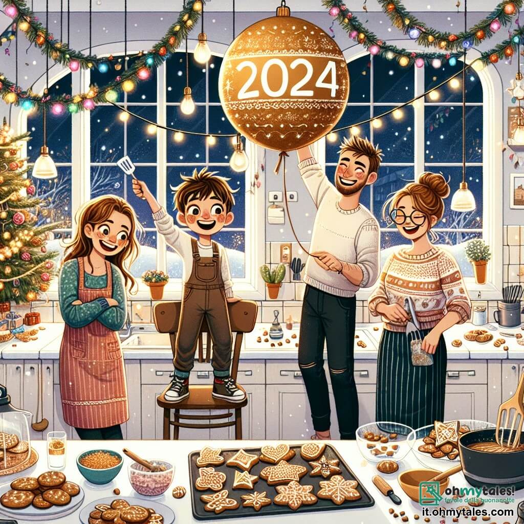 Illustrazione che rappresenta una calda cucina familiare decorata per il Capodanno, con ghirlande colorate e luci scintillanti che illuminano la stanza. Al centro, un ragazzo di 11 anni, con i capelli castani in disordine e gli occhi pieni di gioia, è in piedi su una sedia, appendendo un grande pallone dorato a forma di "2024" sopra un tavolo carico di deliziosi biscotti di pan di zenzero. Accanto a lui, una donna di una trentina d'anni, con i capelli castani raccolti in uno chignon e un sorriso caloroso, prepara dolci sul piano di lavoro, mentre un uomo di quarant'anni, con una leggera barba e occhiali, ride tenendo una spatola, pronto a decorare i biscotti. La scena trasmette un'atmosfera festosa e gioiosa, piena di risate e amore, con colori vivaci e aromi di pasticceria che fluttuano nell'aria. Fiocchi di neve possono essere visti attraverso la finestra, aggiungendo un tocco invernale a questa celebrazione familiare.