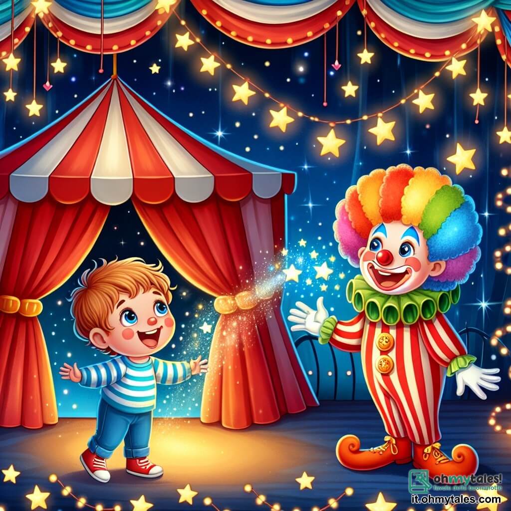 Une illustration destinée aux enfants représentant un petit garçon enjoué et curieux, découvrant un clown amical et coloré au sein d'un cirque enchanté aux tentes rayées de rouge et blanc, illuminé par des guirlandes scintillantes et des étoiles brillantes dans le ciel nocturne.