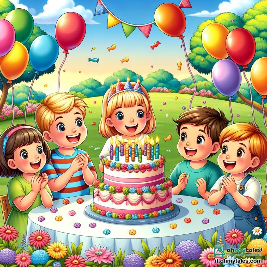 Une illustration sous forme de dessin destinée aux enfants représentant un parc ensoleillé avec des arbres verdoyants et des fleurs colorées, où un groupe de quatre enfants de cinq ans, deux garçons aux cheveux blonds et bruns, et deux filles aux cheveux bouclés et lisses, s'amusent joyeusement autour d'une grande table décorée de ballons multicolores et d'une énorme gâteau d'anniversaire, tandis qu'un des garçons souffle sur des bougies avec un grand sourire, et les autres applaudissent et rient, capturant l'esprit festif et l'amitié qui les unit.