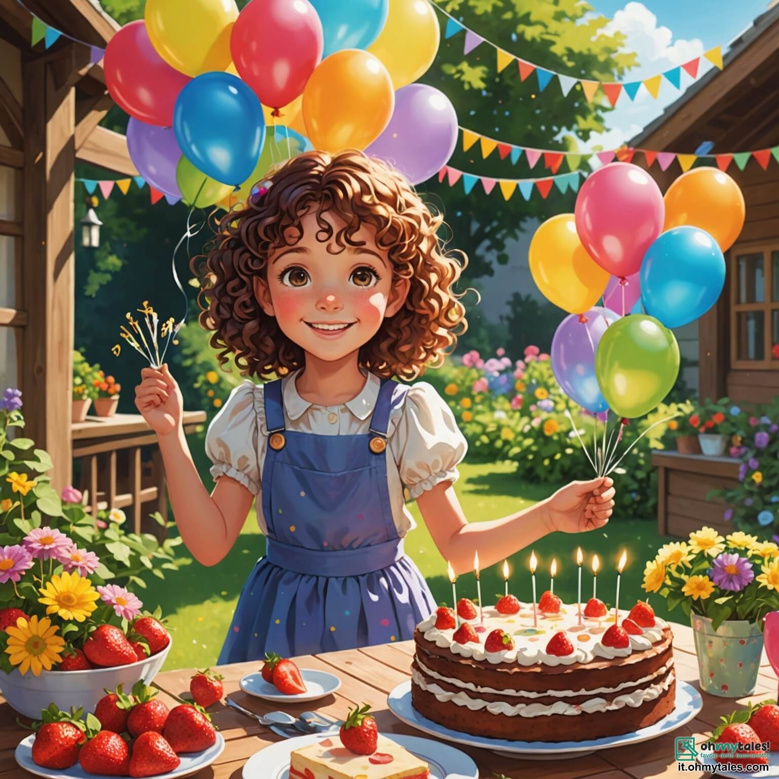 Une illustration destinée aux enfants représentant une petite fille aux cheveux bouclés et aux yeux pétillants, entourée de ballons colorés et de guirlandes scintillantes dans un jardin ensoleillé, où elle célèbre joyeusement son anniversaire avec ses amis, tandis qu'une maman souriante, vêtue d'un joli tablier, prépare une délicieuse gâteau décoré de fraises sur une table en bois ornée de fleurs éclatantes.