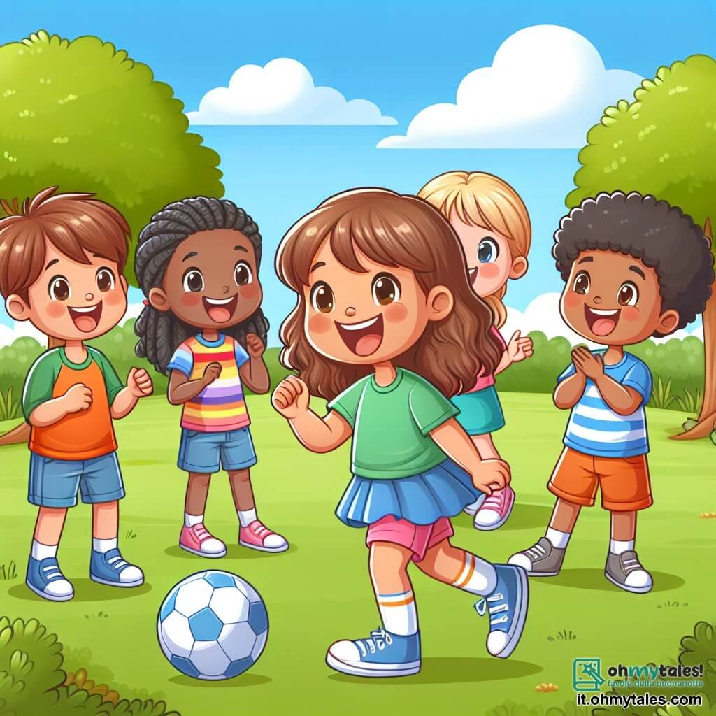Une illustration sous forme de dessin destinée aux enfants représentant un parc ensoleillé avec des arbres verdoyants et un ciel bleu, où une fille de 8 ans aux cheveux bruns et bouclés, vêtue d'une t-shirt coloré et d'un short, sourit joyeusement en jouant au ballon avec ses amis ; un garçon aux cheveux noirs et une t-shirt bleue, qui dribble le ballon, et une fille aux cheveux blonds qui applaudit, tandis qu'un groupe d'enfants les regarde avec des visages enthousiastes, capturant l'esprit de camaraderie et de joie de leur amitié.