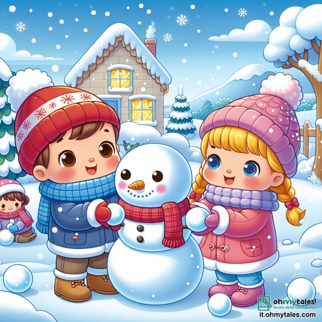 Une illustration sous forme de dessin destinée aux enfants représentant une scène hivernale dans un jardin enneigé, où un garçon de 2 ans avec de grands yeux marron et un cappellino rosso rit en touchant la neige, entouré de ses amis, une fille aux cheveux blonds tressés portant un manteau rose et un garçon aux cheveux bruns en écharpe bleue, tous deux en train de rouler des boules de neige pour construire un grand pupazzo di neve, avec des flocons de neige tombant doucement et un ciel bleu clair en arrière-plan.