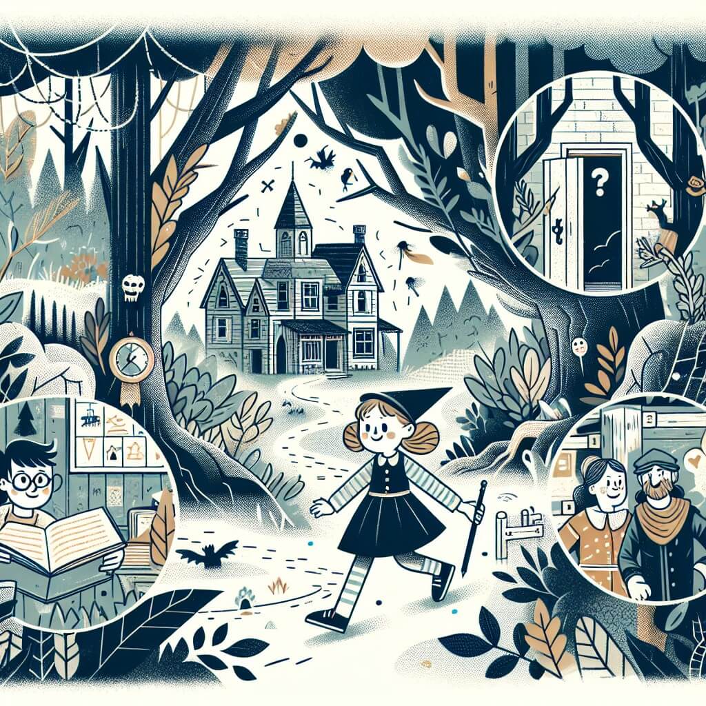Une illustration destinée aux enfants représentant une petite fille curieuse et pleine d'énergie, se retrouvant au milieu d'une forêt enchantée où se cache une mystérieuse maison abandonnée, tandis que ses parents préparent en secret une fête d'anniversaire surprise pour elle.