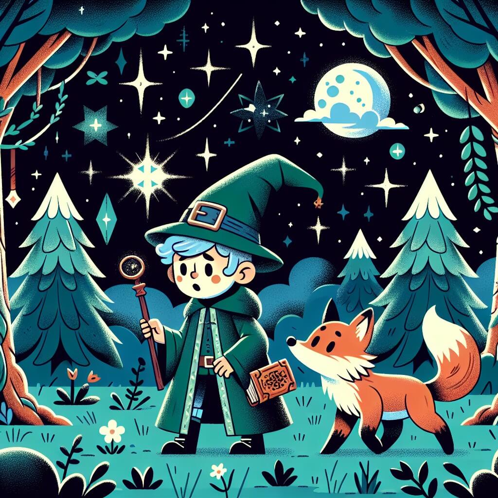 Une illustration destinée aux enfants représentant un jeune apprenti sorcier, perdu dans une sombre forêt enchantée, accompagné d'un petit renard magique, à la recherche d'un mystérieux grimoire ancien, dans un monde où les arbres parlent et les étoiles dansent.
