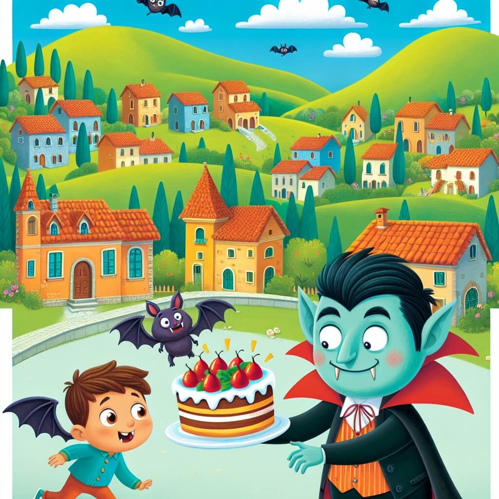 Une illustration destinée aux enfants représentant un vampire curieux et espiègle, se retrouvant dans une enquête délirante des gâteaux volés, avec l'aide d'un petit pipistrello, dans un village italien pittoresque entouré de collines verdoyantes et de maisons colorées.