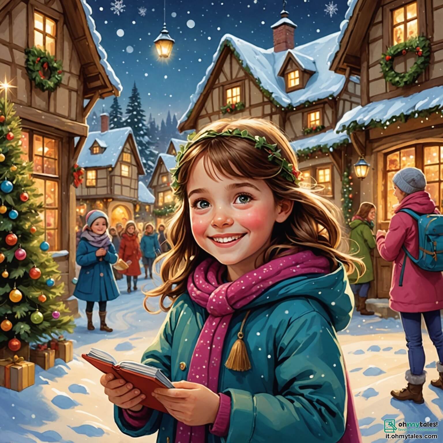 Une illustration destinée aux enfants représentant une petite fille aux yeux pétillants de joie, entourée de flocons de neige dans un village enchanteur où les lumières scintillent sur chaque maison, tandis qu'elle rêve de surprises de Noël avec sa maman, une femme douce et souriante, à ses côtés, dans un décor féerique rempli de sapins décorés et de marchés colorés.