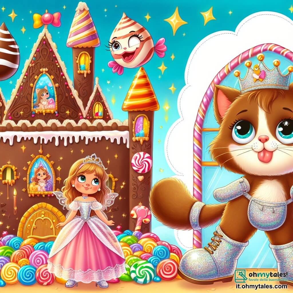 Une illustration destinée aux enfants représentant un jeune chat malicieux chaussé de bottes étincelantes, se tenant devant un somptueux château en chocolat où une princesse gourmande rêveuse l'observe depuis sa fenêtre en forme de bonbon.