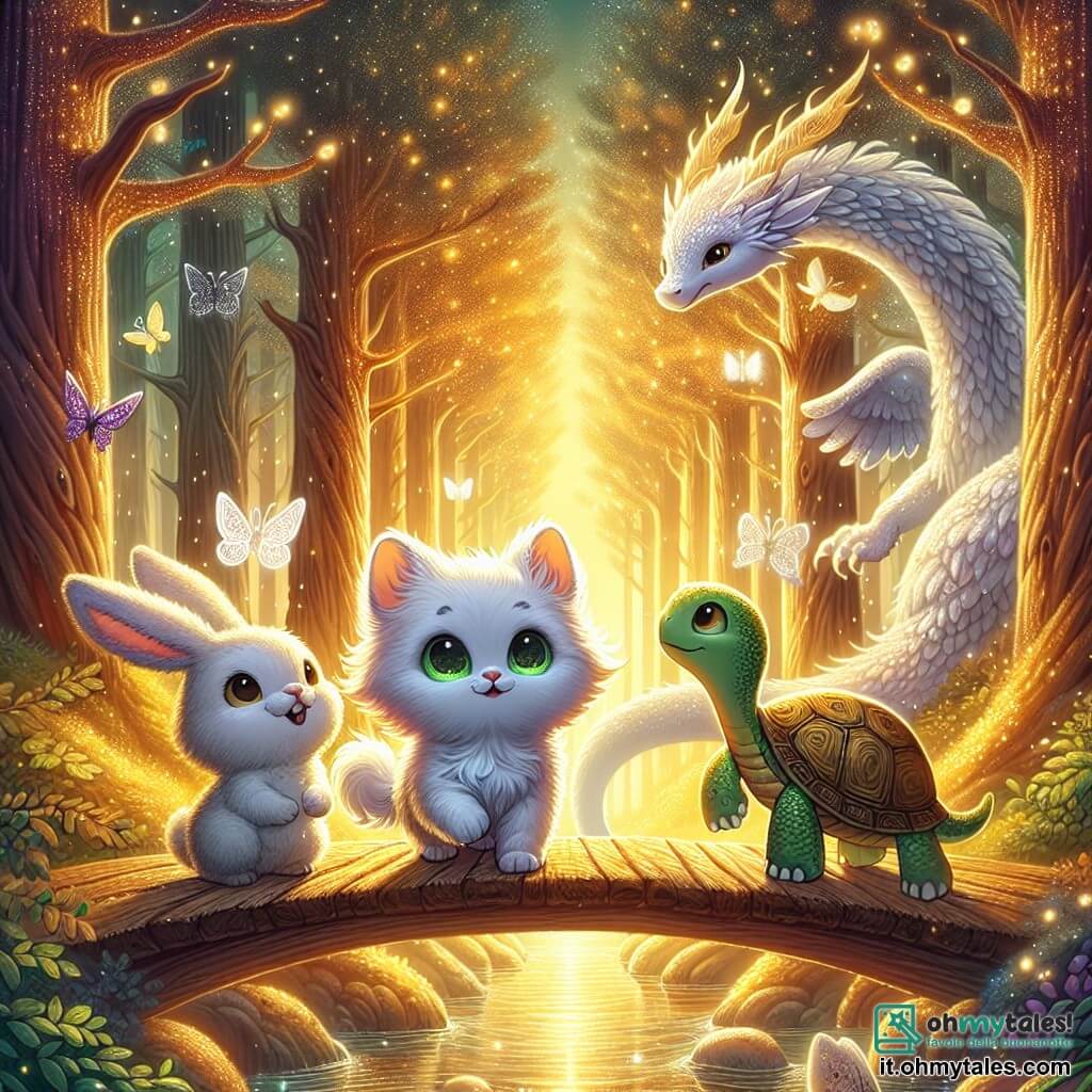 Une illustration sous forme de dessin destinée aux enfants représentant une forêt magique aux arbres majestueux et aux feuilles scintillantes, où un petit chat aux poils doux comme une nuage et aux yeux verts brillants se tient courageusement sur un pont en bois, entouré d'un coniglio bianco aux grandes oreilles qui saute d'excitation et d'une tartaruga sage au regard tranquille, alors qu'ils se préparent à affronter le Drago della Luce, une créature majestueuse aux écailles dorées, pour découvrir un trésor magique qui exauce les vœux, le tout baigné dans une lumière dorée et chaleureuse.