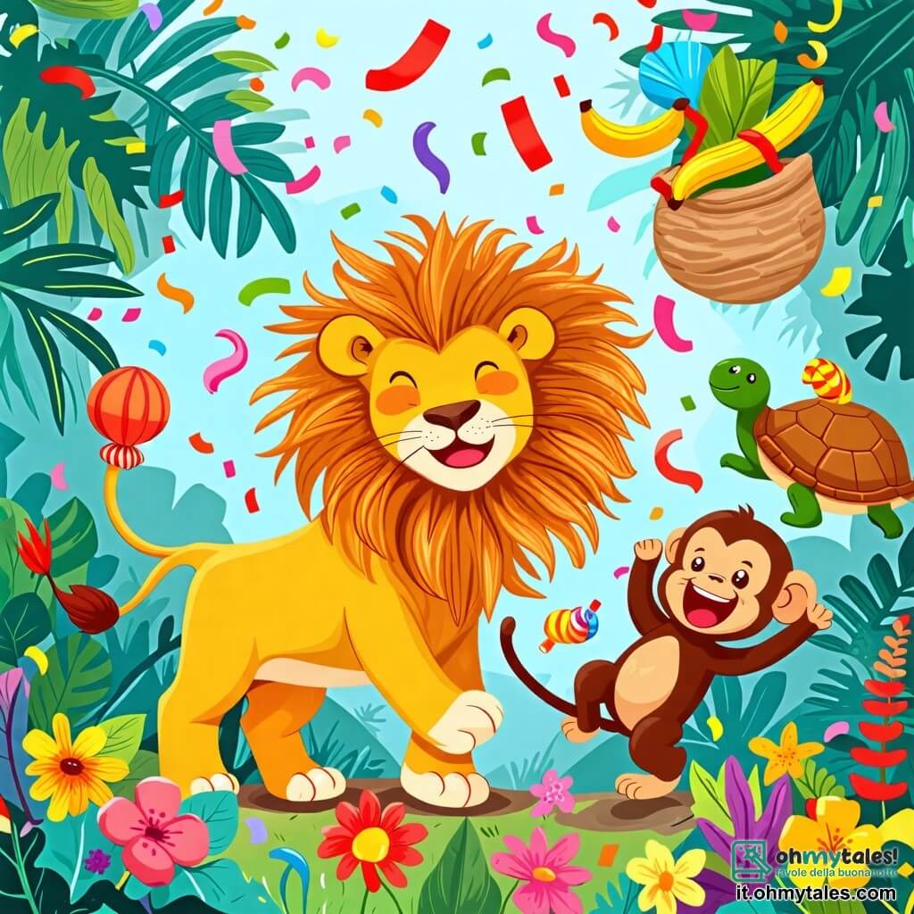 Une illustration sous forme de dessin destinée aux enfants représentant une jungle colorée et vibrante, avec un lion aux grandes crinières dorées qui danse joyeusement au centre, entouré d'une tortue au sourire malicieux portant un sac de caramelles et d'une singe espiègle aux poils bruns qui balance des bananes, le tout dans une atmosphère festive où des confettis flottent dans l'air et des fleurs éclatantes ajoutent une touche de magie à cette joyeuse fête animalière.