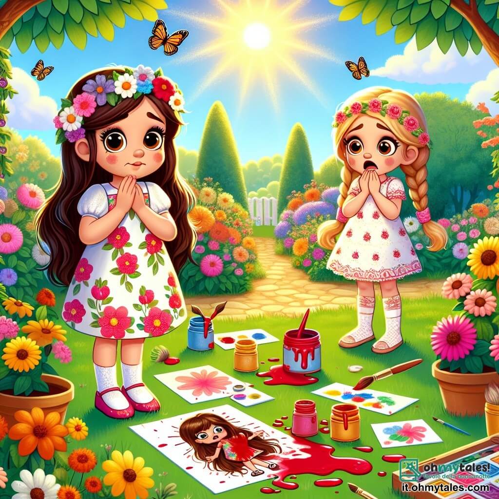 Illustrazione che rappresenta un giardino soleggiato, pieno di fiori colorati e alberi maestosi, con farfalle che svolazzano nell'aria. Al centro, una bambina di 5 anni con lunghi capelli castani e occhi scintillanti, indossa un vestito a fiori e si tiene con un'espressione preoccupata, le mani sui fianchi. Accanto a lei, un'altra bambina di 6 anni, con capelli biondi e trecce, guarda con sorpresa, tenendo un disegno rovinato dalla vernice rossa. La scena cattura il momento in cui la bambina esita ad ammettere di aver accidentalmente rovesciato la vernice sul disegno della sua amica. Barattoli di vernice rovesciati e pennelli sparsi aggiungono un tocco di disordine, mentre il sole splende, creando un'atmosfera sia gioiosa che tesa.