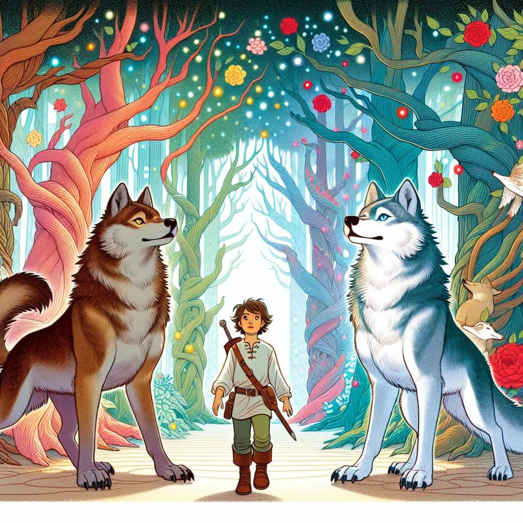 Une illustration destinée aux enfants représentant une créature majestueuse mi-homme mi-loup, se tenant debout dans une forêt enchantée, accompagnée d'un jeune explorateur, dans un lieu où les arbres anciens se dressent haut dans le ciel, leurs branches semblant danser avec des fleurs multicolores qui éclairent le chemin magique.