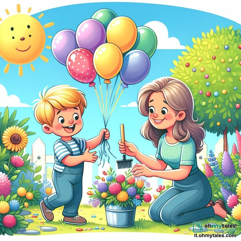 Une illustration destinée aux enfants représentant un petit garçon plein d'enthousiasme préparant une surprise pour son papa avec l'aide complice de sa maman, dans un jardin ensoleillé orné de ballons colorés et de fleurs odorantes.