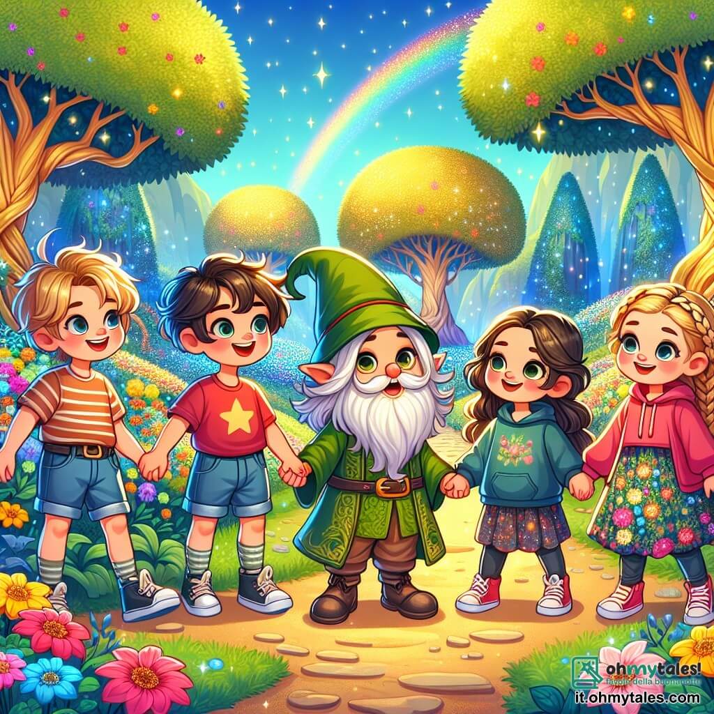 Illustrazione che rappresenta una scena magica nella Valle dei Sogni, un luogo incantevole dove fiori colorati danzano al vento e alberi dai tronchi dorati scintillano sotto un cielo blu brillante. Al centro dell'immagine, quattro bambini, due ragazzi e due ragazze, si tengono per mano, mostrando sorrisi radiosi. Il primo ragazzo, di circa otto anni, ha capelli castani arruffati e indossa una maglietta rossa con pantaloni corti in denim. La seconda ragazza, anch'essa di otto anni, ha lunghi capelli biondi intrecciati e indossa un vestito a fiori colorati. Il terzo bambino, un ragazzo dai capelli castani e occhi scintillanti, è vestito con una maglietta verde e pantaloni beige. Infine, l'ultima ragazza, con capelli ricci e un sorriso determinato, indossa una felpa rosa con cappuccio e leggings neri. Si trovano davanti a un piccolo gnomo dal volto gioioso, che indossa un cappello a punta e una lunga barba bianca, mentre mostra loro una mappa antica. La scena trasmette un'atmosfera di avventura e amicizia, con farfalle multicolori che volano intorno a loro e un arcobaleno che si disegna sullo sfondo, simboleggiando la magia e le possibilità infinite della loro ricerca.