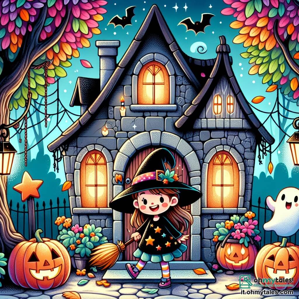 Illustrazione che rappresenta una vecchia casa stregata, con muri in pietra grigia, finestre polverose e una porta di legno che scricchiola. Ragnatele decorano gli angoli, mentre foglie colorate cadono dagli alberi giganti che circondano la casa. In primo piano, una bambina di 3 anni, con lunghi capelli castani e un grande cappello nero da strega, sorride gioiosamente tenendo un piccolo scopa di legno. Indossa un vestito nero decorato con stelle dorate. Accanto a lei, due bambini: un ragazzo di 4 anni, travestito da vampiro con un mantello rosso e denti aguzzi, e una ragazza di 4 anni, vestita da fantasma con un lenzuolo bianco e occhi rotondi. Ridono insieme, meravigliati dall'atmosfera misteriosa della casa. Sullo sfondo, delle zucche sorridenti illuminano la scena, aggiungendo un tocco caldo all'atmosfera di Halloween.