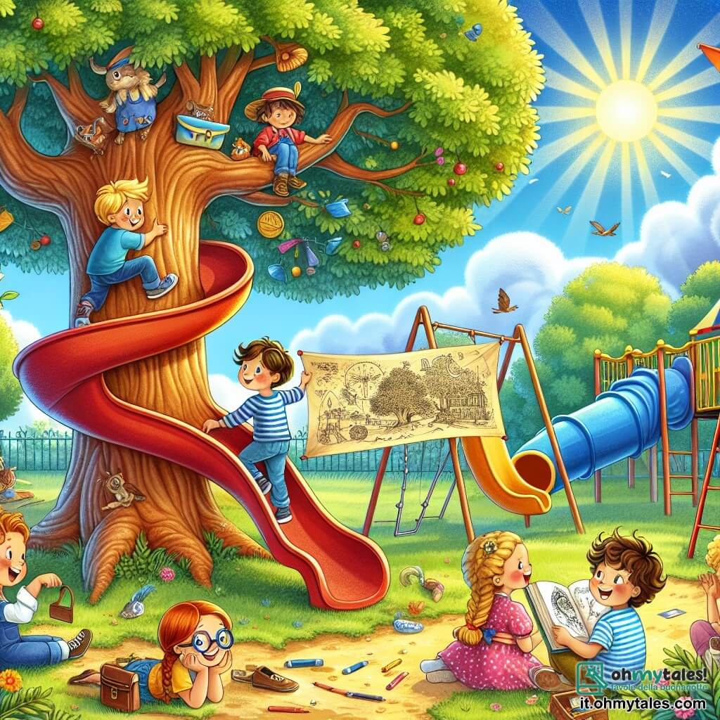 Illustrazione che rappresenta un parco soleggiato, pieno di giochi colorati: un grande scivolo rosso, un'altalena blu e un tunnel di plastica gialla. Al centro, un gruppo di bambini è riunito attorno a un albero maestoso con foglie verdi brillanti, sotto un cielo blu punteggiato di nuvole bianche e soffici. Un ragazzo di circa 8 anni, con capelli castani disordinati e una maglietta blu, sta scalando il tronco dell'albero, con il viso che esprime eccitazione. Accanto a lui, una ragazza di circa 7 anni, con capelli biondi intrecciati e un vestito rosa a pois, ride guardando il ragazzo. Un altro ragazzo, di 9 anni, con occhiali tondi e un maglione a righe, tiene in mano una mappa disegnata su un vecchio pezzo di carta, con un'espressione concentrata. Una ragazza di 6 anni, con capelli ricci e un quaderno da disegno, è seduta sull'erba, abbozzando draghi e tesori. La scena mostra il gruppo di bambini in cerca di un tesoro nascosto, con espressioni di gioia e entusiasmo sui loro volti. Caramelle colorate e piccoli ciottoli luccicanti sono sparsi attorno a loro, aggiungendo un tocco di magia all'atmosfera. L'illustrazione cattura lo spirito di avventura e amicizia, con colori vivaci e tratti gioiosi.