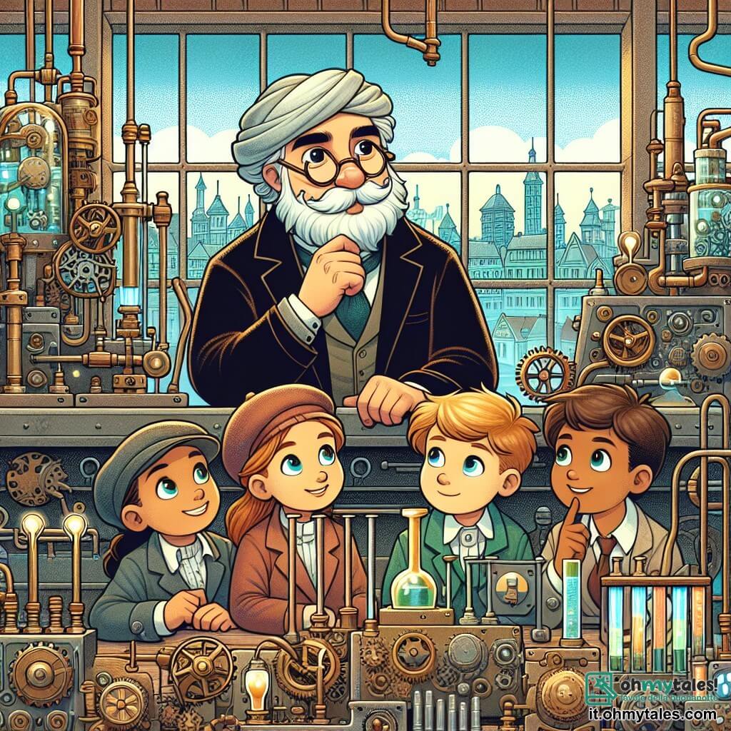 Une illustration destinée aux enfants représentant un inventeur excentrique, entouré de deux jeunes apprentis curieux, dans son laboratoire secret rempli de machines brillantes et de tuyaux sifflants, situé à la périphérie d'une petite cité animée.