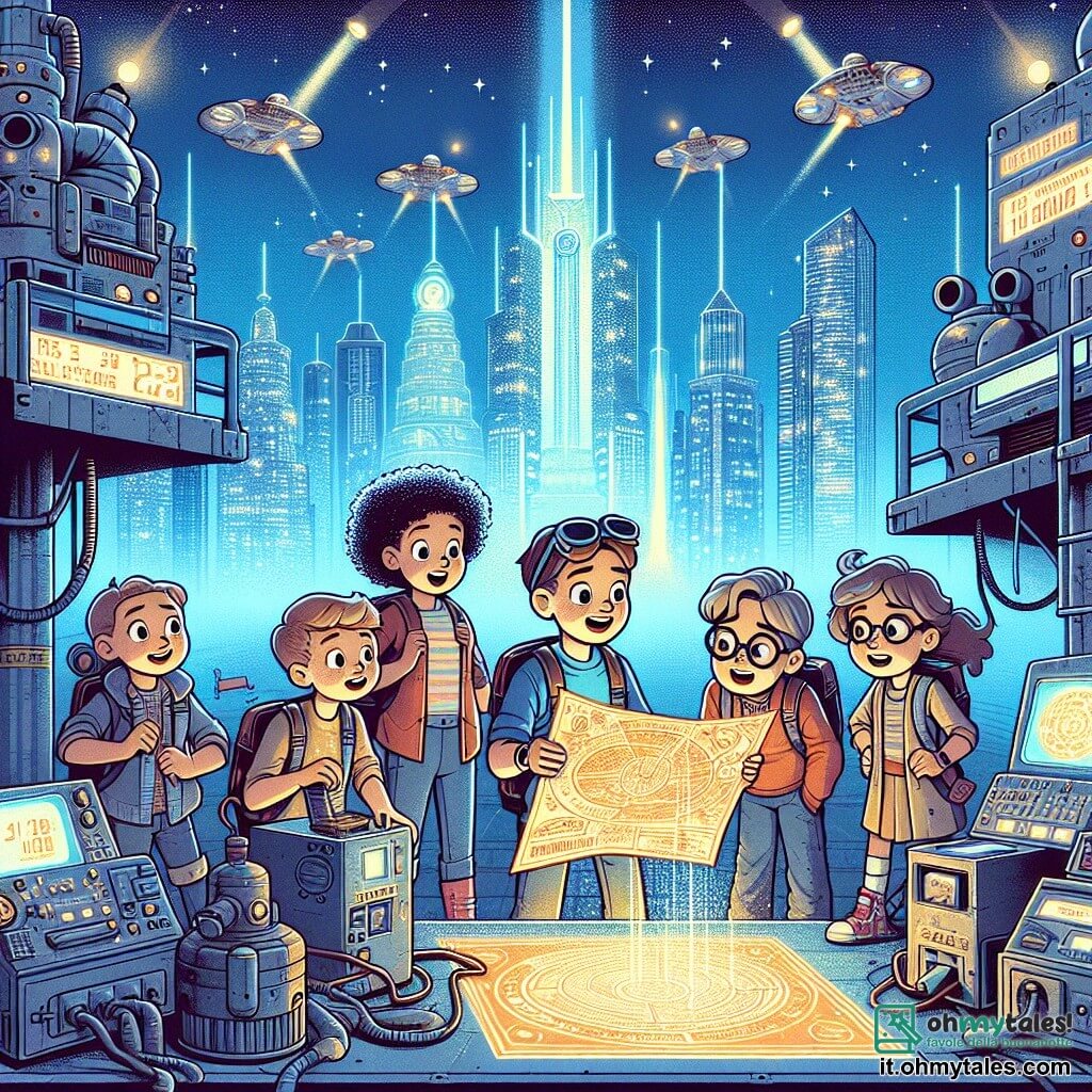 Une illustration sous forme de dessin destinée aux enfants représentant une ville futuriste aux grattaciels scintillants et aux véhicules volants dans un ciel bleu éclatant, où un groupe d'enfants de 11 ans, composé d'une fille aux cheveux bouclés et d'un garçon aux lunettes, explore un laboratoire abandonné, entourés de machines poussiéreuses et d'écrans lumineux, tandis qu'un autre garçon, enthousiaste, tient une carte ancienne montrant des tunnels mystérieux, illustrant leur quête pour redécouvrir une technologie oubliée qui pourrait purifier l'air de leur ville.