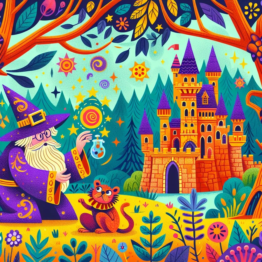 Une illustration destinée aux enfants représentant un sorcier maladroit se retrouvant dans une situation loufoque avec un animal de compagnie magique, dans un château enchanté au milieu d'une forêt mystérieuse, où les couleurs vives et les détails fantastiques captivent l'imagination.