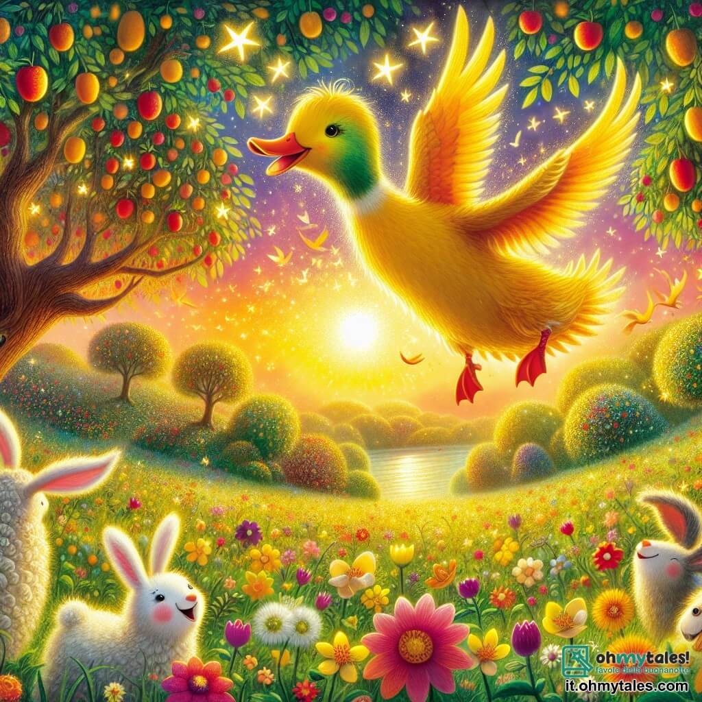 Illustrazione che rappresenta una scena gioiosa in un grande campo verde, baciato dalla luce dorata del sole al tramonto. Fiori colorati punteggiano il terreno e alberi con rami carichi di frutti si ergono sullo sfondo, creando un'atmosfera festosa. Al centro, un'anatra dalle piume gialle brillanti e dal becco arancione vivo, con occhi scintillanti di malizia, si lancia in volo, eseguendo un elegante volo acrobatico. Sembra felice e determinata, con le ali spiegate e un sorriso sul volto. Intorno a lei, diversi animali della fattoria, come un coniglietto dalle grandi orecchie bianche e una dolce pecora dal pelo lanoso, la osservano con ammirazione, applaudendo e ridendo di gioia. La scena è piena di colori vivaci e di un'atmosfera di amicizia, con stelle scintillanti che iniziano a comparire nel cielo, annunciando una serata magica.