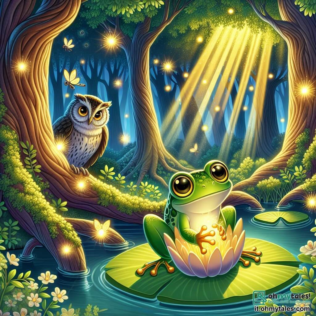 Illustrazione che rappresenta una foresta incantata, immersa nella dolce luce del crepuscolo. Alberi maestosi con tronchi spessi e foglie di un verde brillante formano un abbraccio naturale, mentre lucciole brillano come stelle tra i cespugli fioriti, creando un'atmosfera magica. Al centro della scena, una piccola rana con zampe verdi brillanti e occhi dorati brilla di curiosità. È appollaiata su una grande foglia di ninfea, osservando con meraviglia un amuleto a forma di stella dorata che tiene tra le zampe. Sullo sfondo, un vecchio gufo con piume grigie e occhi saggi osserva la rana, posato su un ramo basso, con un'espressione benevola. La rana sembra pronta a partire per un'avventura, il corpo leggermente inclinato in avanti, come se stesse per saltare verso il cuore della foresta. Raggi di luce dorata filtrano tra le foglie, illuminando la scena con un bagliore caldo e accogliente, mentre ombre danzano attorno a lei, aggiungendo un tocco di mistero all'insieme.