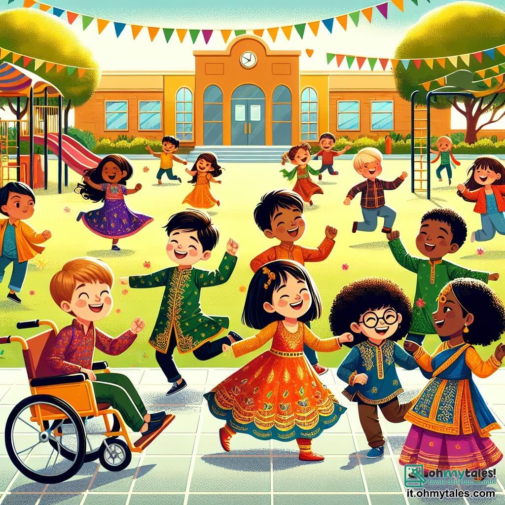 Illustrazione che rappresenta una scena vibrante nel cortile di una scuola elementare soleggiata, circondata da alberi verdi e giochi colorati. Al centro, un gruppo di bambini si diverte a ballare insieme, vestiti con costumi tradizionali indiani dai colori vivaci, con motivi dorati e tessuti scintillanti. Tra di loro, un ragazzo di nove anni, con la pelle chiara e i capelli castani, sorride gioiosamente mentre esegue movimenti di danza. Accanto a lui, una ragazza di nove anni, con capelli ricci e pelle scura, mostra un'energia contagiosa, i suoi occhi brillano di gioia. Un altro ragazzo, di origine asiatica, con capelli neri e lisci, ride mentre cerca di seguire i passi di danza, mentre una ragazza in sedia a rotelle, con capelli biondi e occhiali, applaude entusiasticamente, incoraggiando i suoi amici. La scena cattura lo spirito di diversità e amicizia, con bandiere colorate che rappresentano diverse culture che sventolano sullo sfondo. Bambini di diverse origini etniche si riuniscono attorno a loro, creando un quadro armonioso di gioia e inclusione, simboleggiando l'importanza di celebrare le differenze.