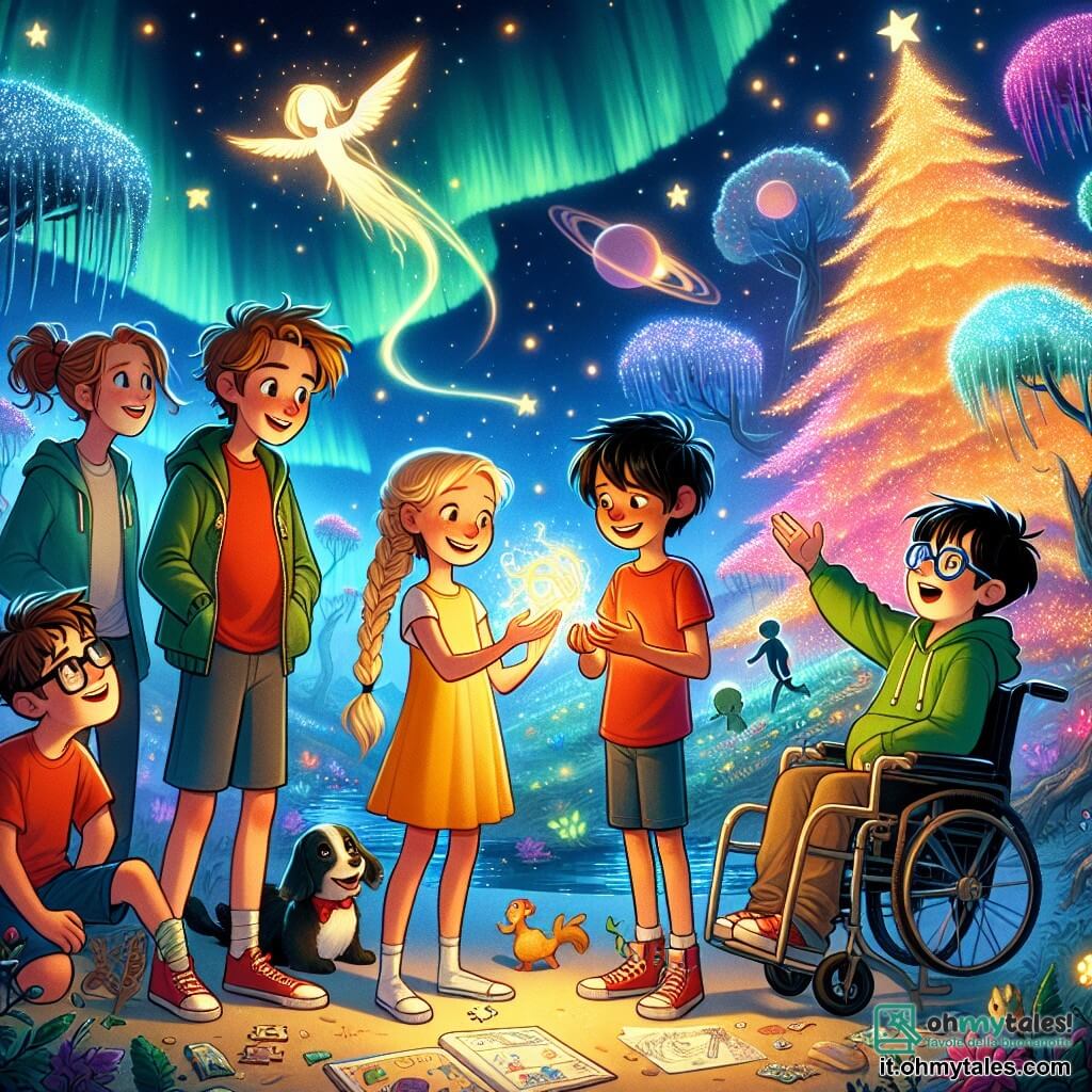 Illustrazione che rappresenta un paesaggio fiabesco sul pianeta Lumina, dove alberi scintillanti dai colori vivaci si ergono verso un cielo stellato, illuminato da stelle cadenti e aurore boreali. Al centro dell'immagine, un gruppo di quattro bambini: un ragazzo di circa 10 anni con capelli castani arruffati, indossante una maglietta rossa e pantaloni corti blu, che osserva con meraviglia un essere luminescente fluttuante davanti a lui. Accanto a lui, una ragazza di 9 anni con capelli biondi intrecciati, vestita con un abito giallo, che tiene un puzzle luminoso tra le mani, sorridendo con entusiasmo. Un altro ragazzo, di 11 anni, con capelli neri e occhiali, vestito con una felpa verde, che osserva attentamente un dispositivo tecnologico brillante. Infine, una ragazza di 10 anni, con capelli castani e occhiali, seduta su una sedia a rotelle, che sorride tenendo un diagramma dell'apparecchio che hanno costruito insieme. La scena cattura l'istante in cui collaborano per salvare la fonte di luce del pianeta, circondati da bagliori di luce ed energia, con forme luminescenti che fluttuano attorno a loro, simboleggiando l'unità e l'amicizia intergalattica.