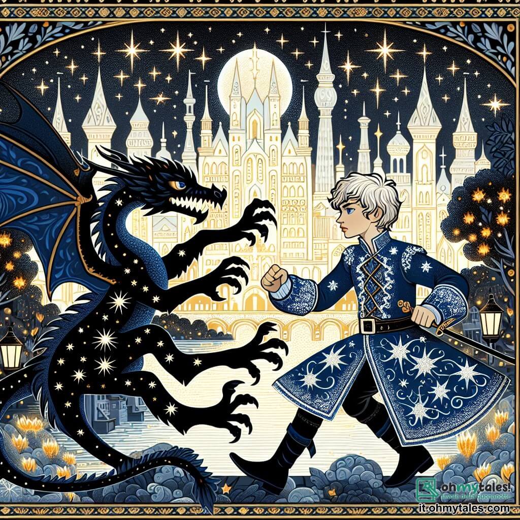 Une illustration destinée aux enfants représentant un jeune homme au manteau bleu orné de stelle argentées, combattant un dragon noir aux flammes ténébreuses, avec en arrière-plan la ville lumineuse de Lumina où les rues brillent de leur propre éclat et les arbres chantent des chansons douces au vent.