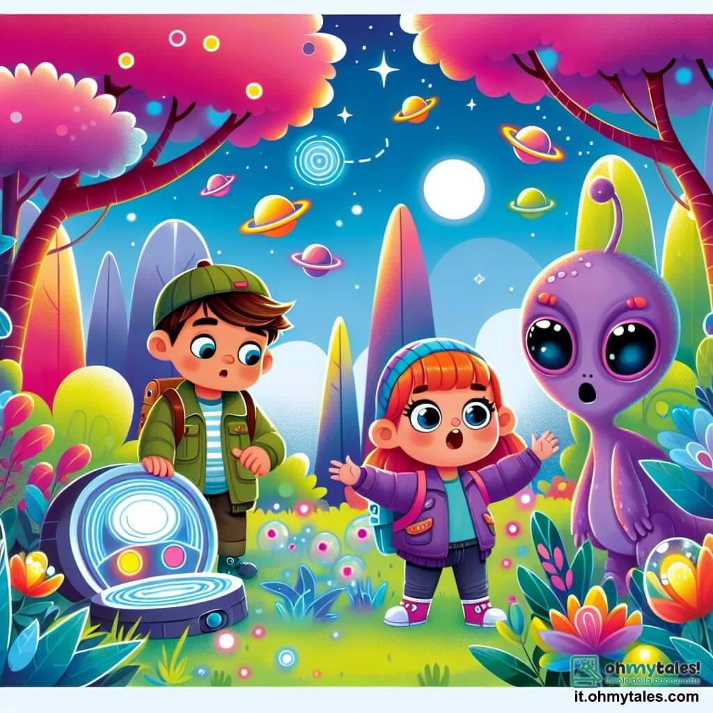 Une illustration destinée aux enfants représentant une jeune fille curieuse qui découvre un étrange dispositif extraterrestre dans un parc, accompagnée d'une amicale et colorée créature extraterrestre, sur un mystérieux et vibrant planète aux arbres lumineux et aux fleurs changeantes.