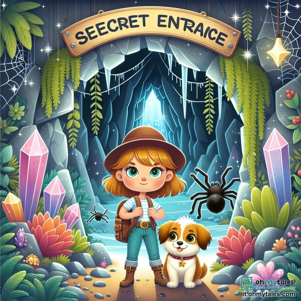 Une illustration destinée aux enfants représentant une petite fille intrépide se tenant devant l'entrée secrète d'une grotte mystérieuse, accompagnée de son fidèle chien Toby, prêts à affronter des ragni géants dans un labyrinthe souterrain orné de cristaux scintillants et de plantes lumineuses.