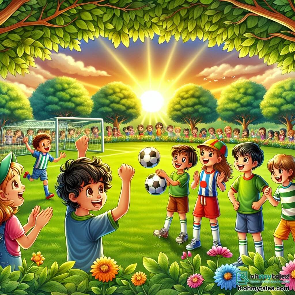 Illustrazione che rappresenta un campo da calcio verdeggiante, bagnato dalla luce dorata del sole al tramonto. Sullo sfondo, alberi con foglie brillanti e fiori colorati bordano il campo, mentre un gruppo di bambini si riunisce attorno a un pallone da calcio. In primo piano, un ragazzo di dieci anni, con capelli castani e ricci, sorride con entusiasmo, alzando le braccia in segno di vittoria. Accanto a lui, una ragazza di dieci anni, con capelli lunghi e biondi, indossa una maglietta colorata e applaude gioiosamente. Un altro ragazzo, con capelli neri e lisci, sembra concentrato, con le mani sui fianchi, pronto a dare istruzioni. Infine, una ragazza con capelli castani, con un cappellino in testa, sorride tenendo un pallone da calcio sotto il braccio. La scena cattura l'energia e l'eccitazione di un torneo di calcio, dove i bambini, nonostante le sfide, celebrano il loro spirito di squadra e la loro fiducia in se stessi. Nel retro, spettatori, bambini e genitori applaudono e incoraggiano, aggiungendo un'atmosfera festosa all'illustrazione.