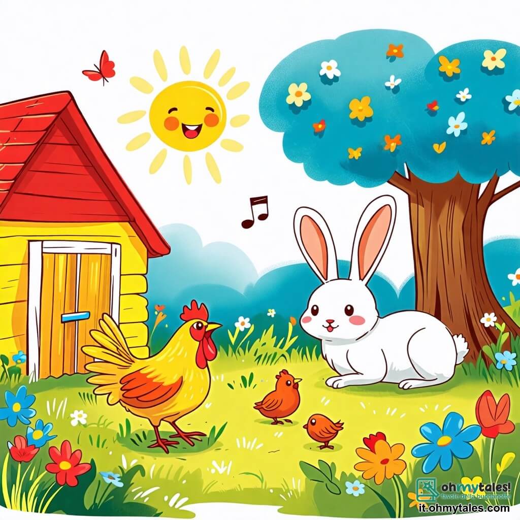 Une illustration sous forme de dessin destinée aux enfants représentant un joli jardin coloré avec un pollaio giallo, rosso e blu en arrière-plan, où une poule aux plumes dorées et brillantes chante joyeusement tout en grattant le sol à la recherche de vers, tandis qu'un coniglio bianco aux grandes oreilles, caché derrière un arbre, rit en attendant son tour pour jouer à cache-cache, le tout baigné par la lumière douce d'un après-midi ensoleillé.