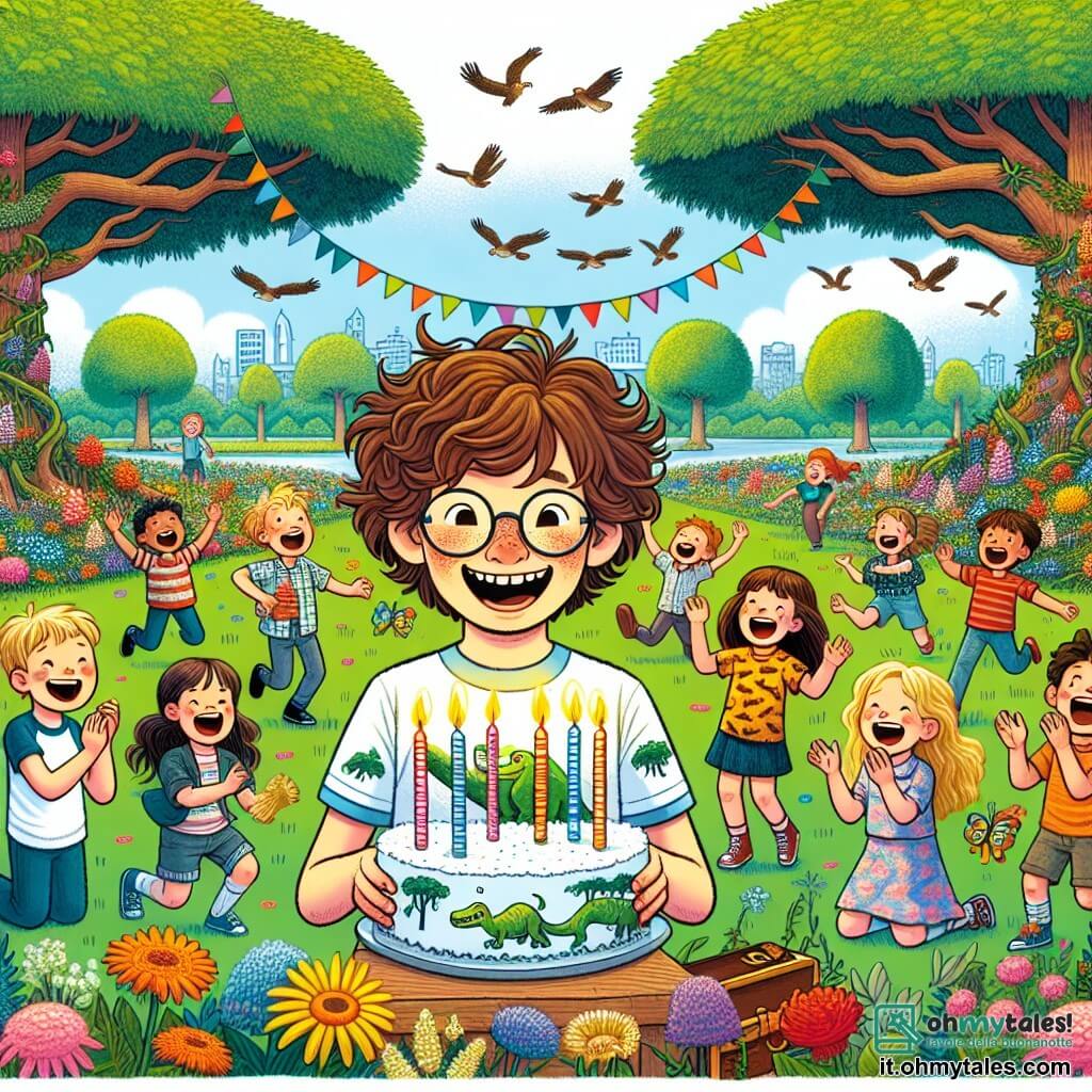 Une illustration sous forme de dessin destinée aux enfants représentant un grand parc verdoyant, rempli de fleurs colorées et d'arbres majestueux, où un garçon de 12 ans aux cheveux bouclés et bruns, vêtu d'un t-shirt à motif de dinosaure, souffle sur des bougies d'anniversaire en riant, entouré de ses amis : une fille aux longs cheveux blonds qui applaudit avec enthousiasme et un garçon aux lunettes qui tient une carte de chasse au trésor, tandis qu'un groupe d'enfants s'amuse à courir et à jouer autour d'eux, créant une atmosphère joyeuse et festive.