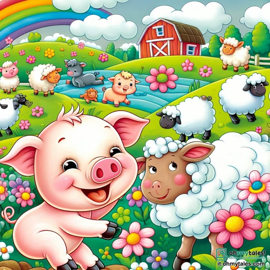 Une illustration destinée aux enfants représentant un petit cochon maladroit et espiègle, accompagné d'une joyeuse brebis blanche, jouant dans une ferme colorée entourée de champs verdoyants et de fleurs multicolores.